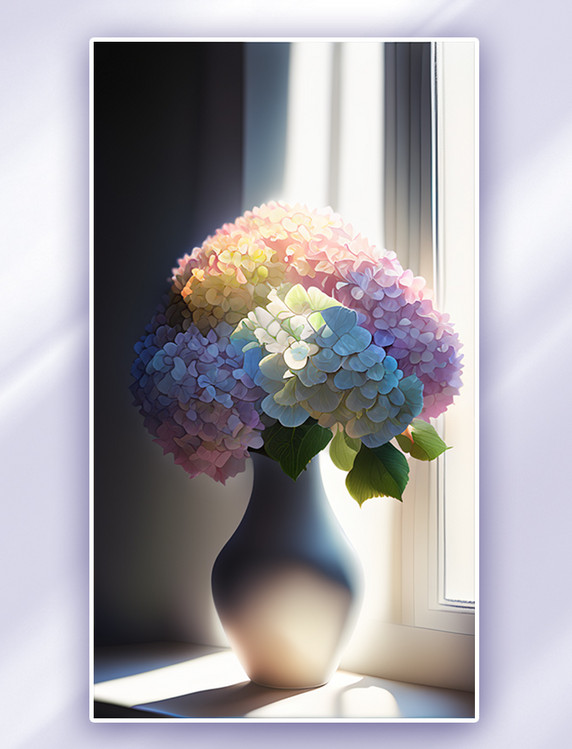 花盆盆栽窗台边上一盆绣球花插画