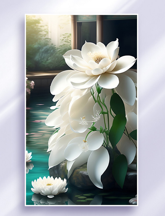 梦幻白色花朵花卉窗台植物数字艺术插画