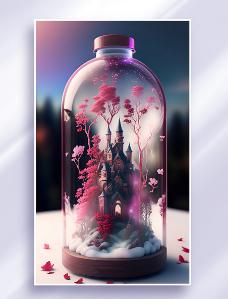梦幻浪漫瓶子里的城堡玫瑰数字艺术插画
