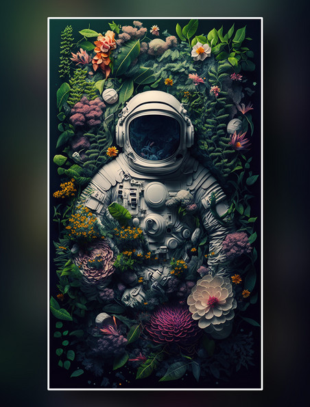 破败的宇航员躺在鲜花丛中数字作品