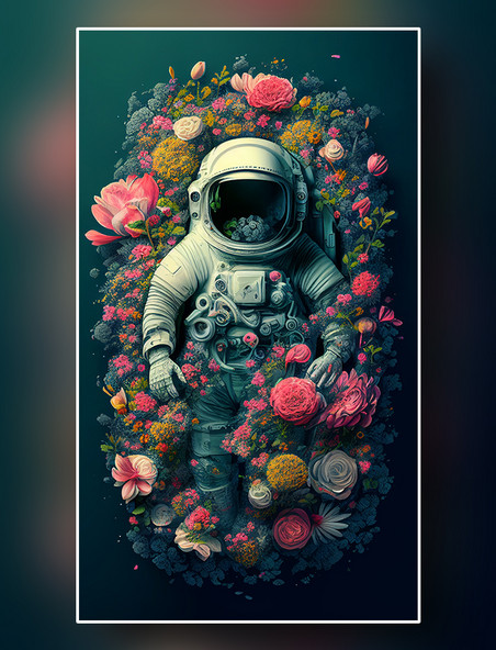 破败的宇航员躺在花丛中俯视图