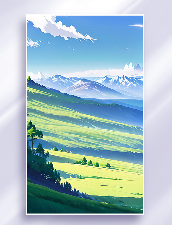 春天清新蓝天白云群山草地场景插画