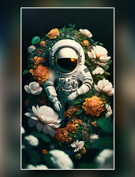 宇航员在鲜花环绕的草地上俯视图插画