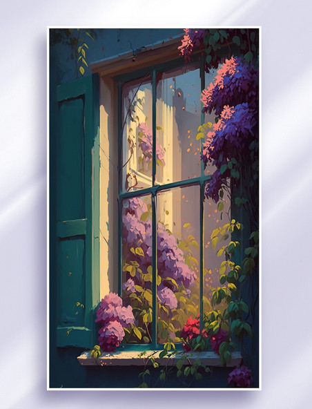 彩色窗外盛开的花朵插画