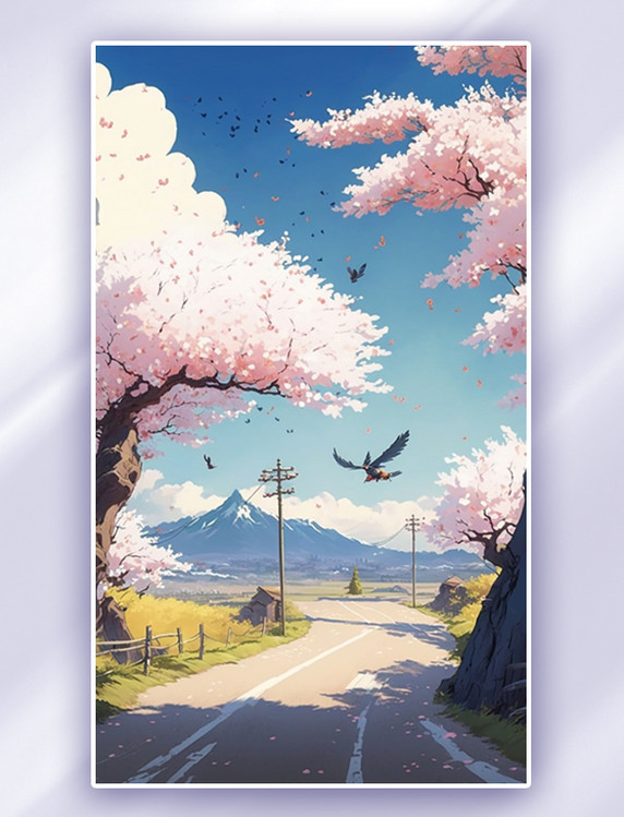 唯美治愈春天的樱花树数字插画