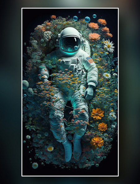 宇航员躺在水底的鲜花草丛之中