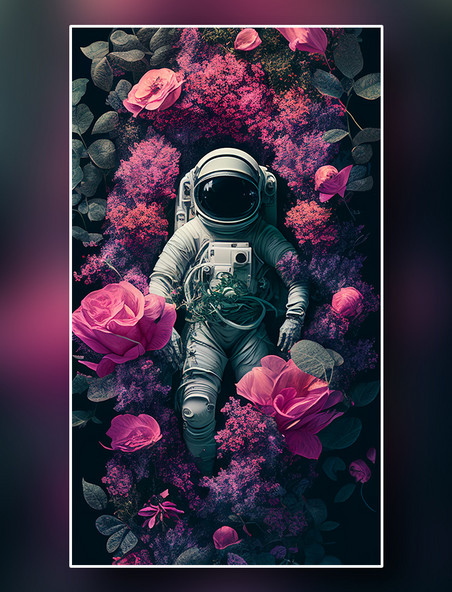 宇航员躺在粉色花丛中俯视图
