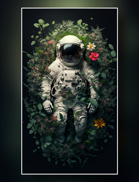 宇航员躺在鲜花环绕的草地上数字作品