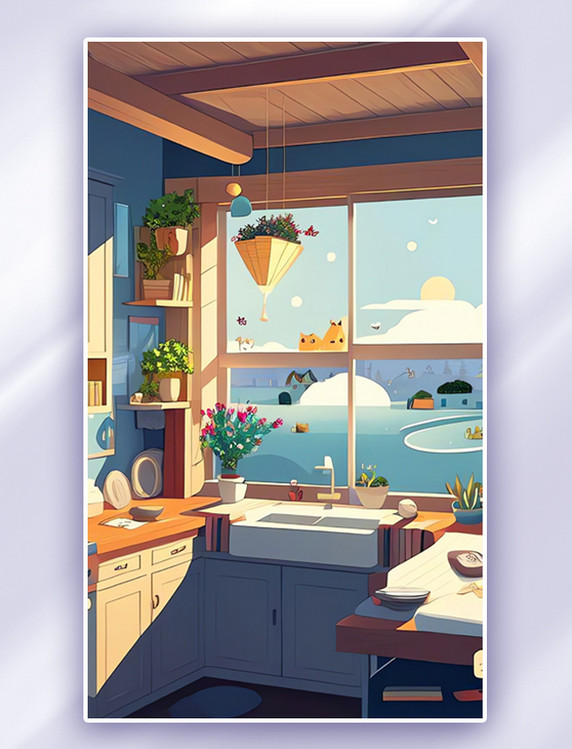 室内设计厨房扁平风格卡通场景数字插画