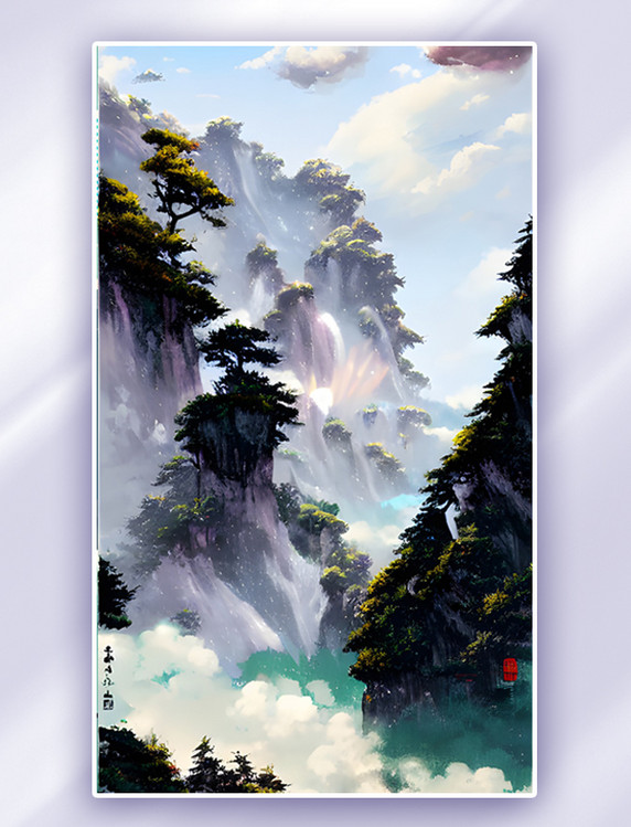 高山流水天空云彩中国风插画