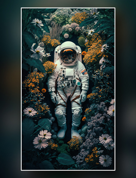 宇航员躺在鲜花环绕的草地上俯视图
