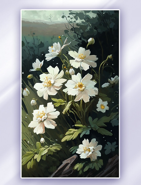 白色油画质感盛开的花朵数字插画
