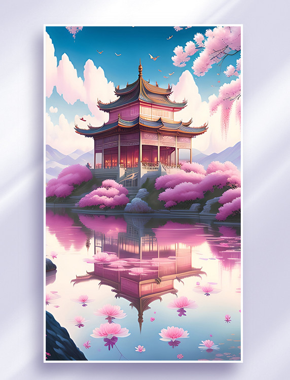 梦幻唯美中国风宫殿古建筑粉色场景数字艺术插画