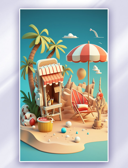 彩色沙滩3D立体休闲度假数字插画