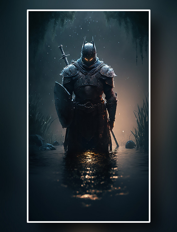 黑夜中站在湖水中的背剑黑武士概念插画