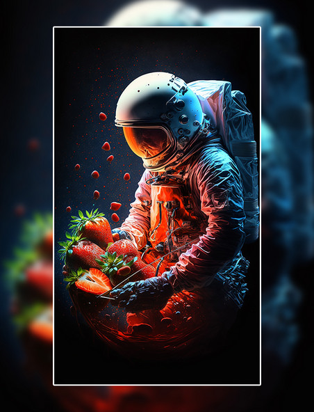 草莓宇航员创意赛博朋克数字作品AI作品数字插画