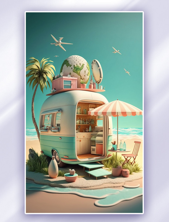 沙滩商店3D立体休闲度假数字插画
