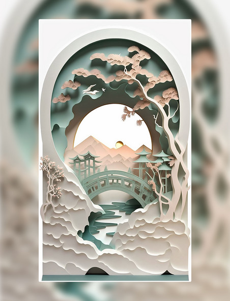 中国风山水花鸟亭子树木剪纸风数字作品AI作品数字插画