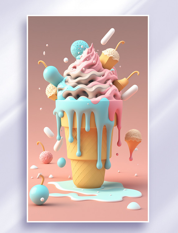 AI绘画彩色冰激凌3D立体美食