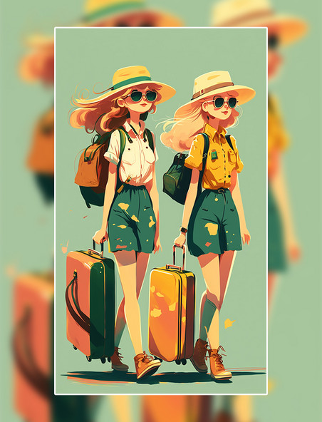 女孩旅行行李箱墨镜数字作品AI作品数字插画
