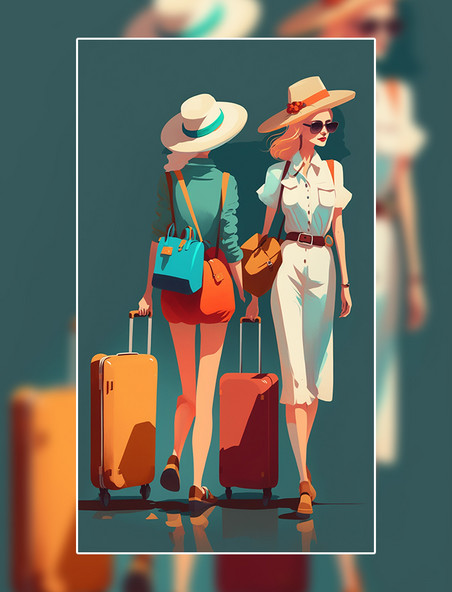 扁平风插画女孩户外旅行行李箱墨镜数字作品AI作品数字插画