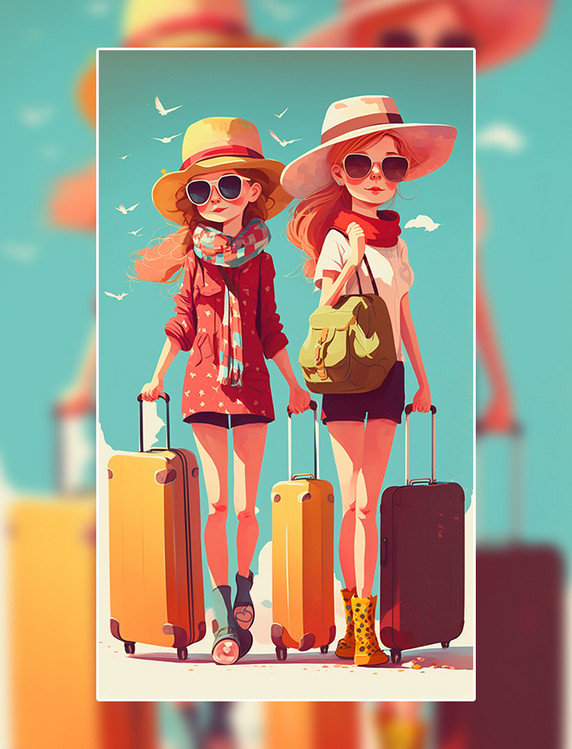 女孩户外旅行行李箱墨镜数字作品AI作品数字插画