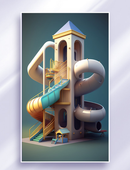 3D立体彩色幼儿园滑梯插画