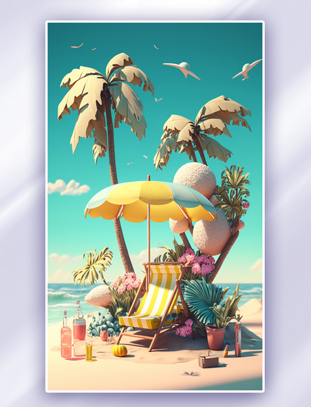 彩色椰子树3D立体休闲度假数字插画