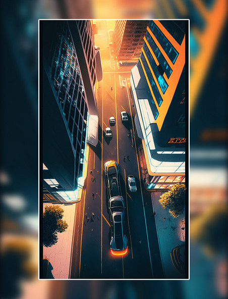 炫酷俯视图科技汽车城市赛博朋克科幻数字作品AI作品数字插画