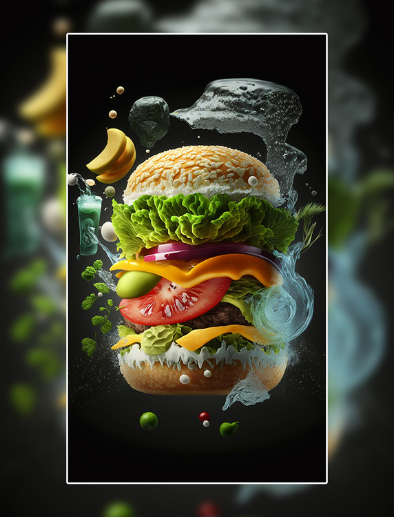 汉堡蔬菜创意特写数字作品AI作品数字插画