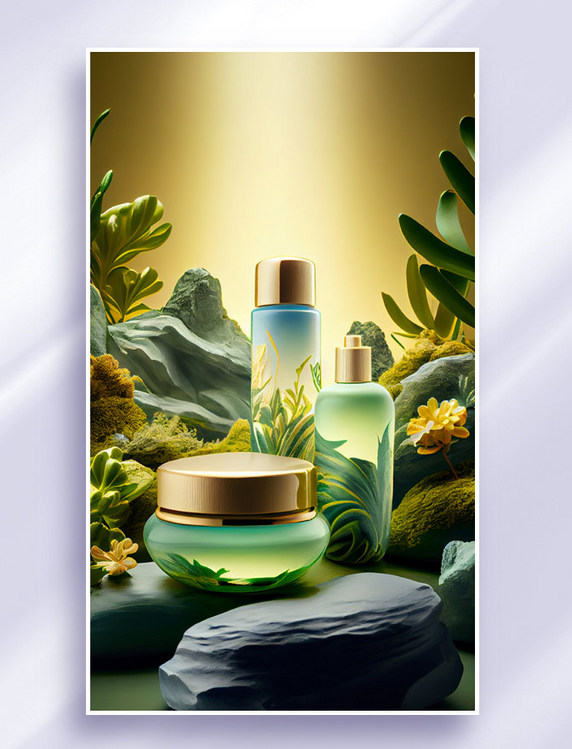 竖版护肤品产品植物绘画摄影背景