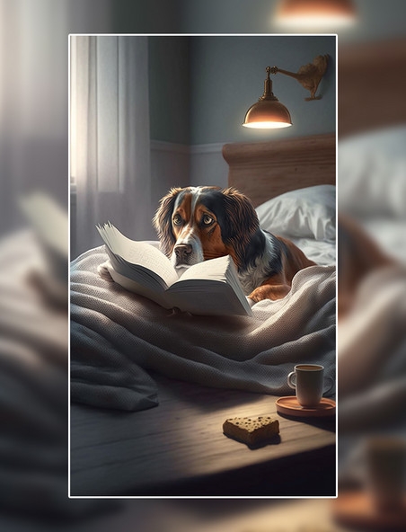 小狗在床上看书动物房间可爱数字作品AI作品数字插画