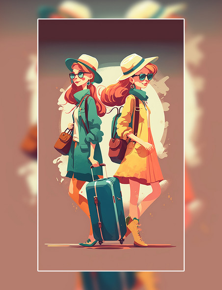 扁平风插画美式复古女孩旅行行李箱墨镜数字作品AI作品数字插画