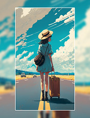 在路上宫崎骏风动漫旅行小女孩行李箱小清新花朵花海数字作品AI作品数字插画