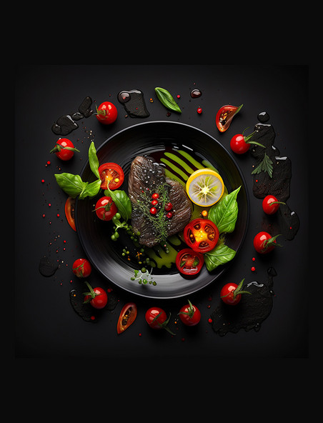 黑色盘子里装着美味的牛排和水果蔬菜插画