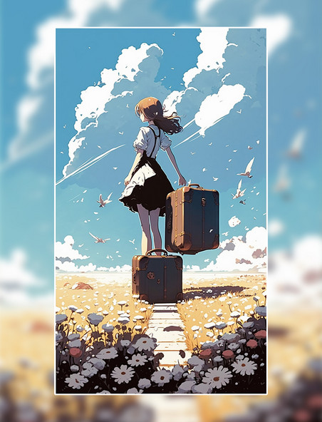 动漫旅行小女孩行李箱宫崎骏风小清新花朵花海数字作品AI作品数字插画