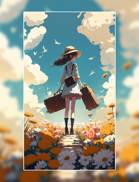宫崎骏风动漫旅行小女孩行李箱小清新花朵花海数字作品AI作品数字插画