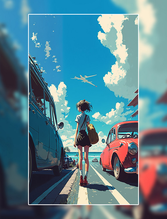 宫崎骏风动漫旅行小女孩汽车行李箱小清新花朵花海数字作品AI作品数字插画