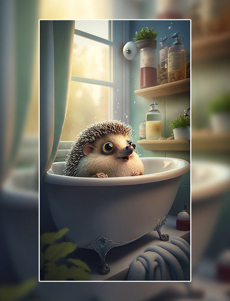 刺猬动物浴室洗澡可爱数字作品AI作品数字插画