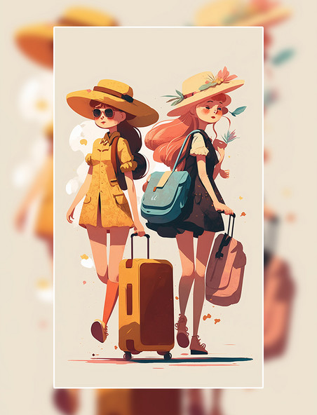 扁平风插画戴着墨镜女孩旅行行李箱墨镜数字作品AI作品数字插画