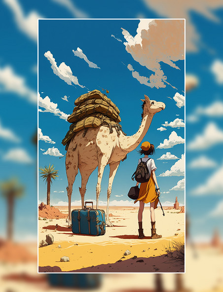 沙漠骆驼宫崎骏风动漫旅行小女孩行李箱小清新花朵花海数字作品AI作品数字插画