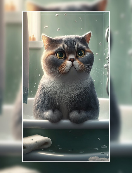 小猫动物浴室洗澡可爱数字作品AI作品数字插画