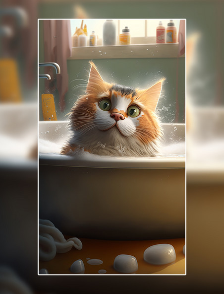 小猫动物浴室洗澡可爱数字作品AI作品数字插画