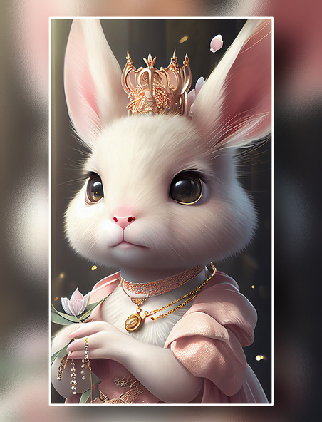 穿着华丽服饰头戴皇冠和首饰的兔子女王公主殿下插画