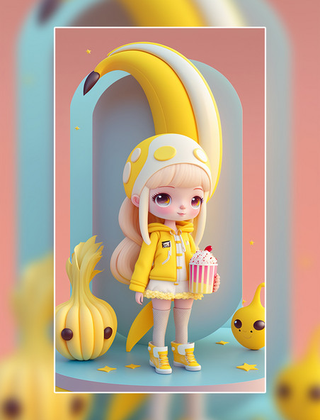 香蕉可爱的女孩IP形象盲盒3D渲染逼真数字作品AI作品数字插画