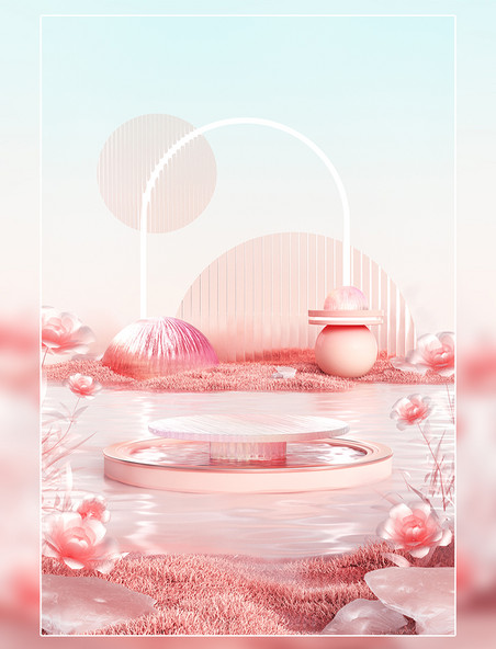 3D春季粉色梦幻唯美玻璃电商展台场景