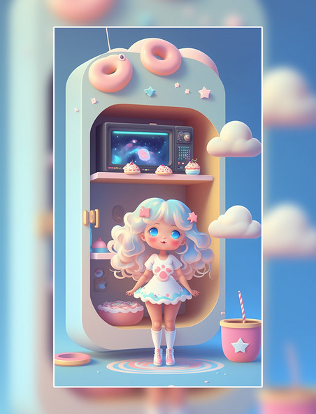甜甜圈可爱的女孩IP形象盲盒3D渲染逼真数字作品AI作品数字插画