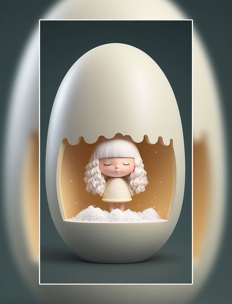 蛋壳可爱的女孩IP形象盲盒3D渲染逼真数字作品AI作品数字插画
