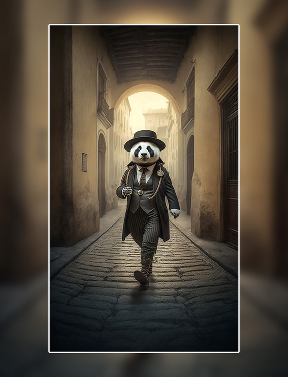 熊猫酷炫中世纪的城市拟人化超现实数字作品AI作品数字插画