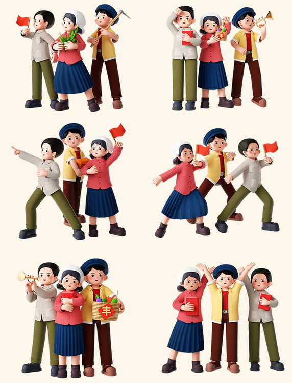 五一劳动节3D立体创意年代感男生女生人物形象C4D套图